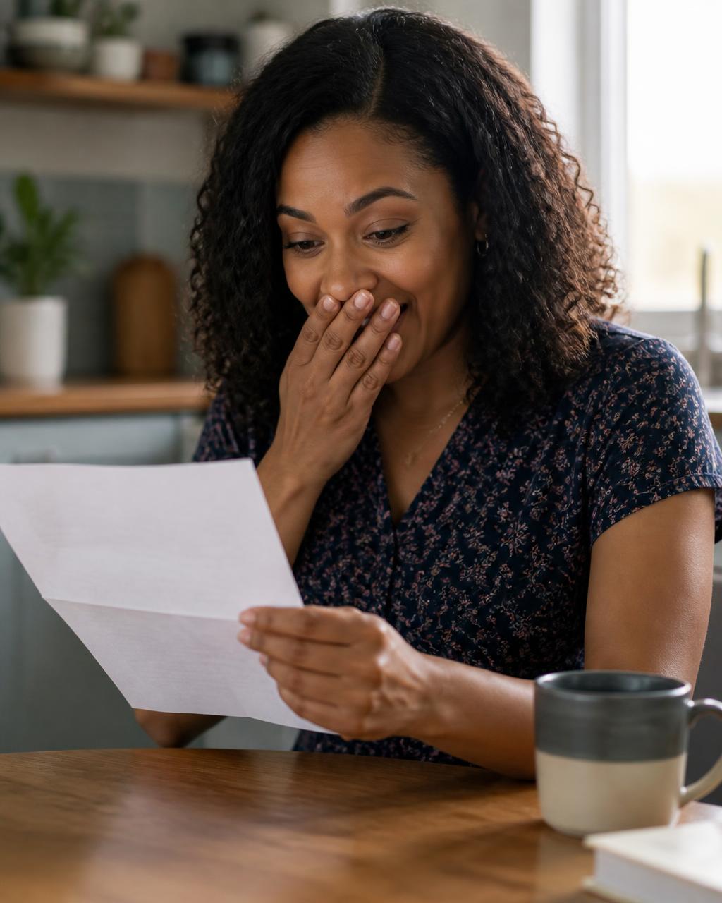African American woman looking shocked and emotional with one hand over her mouth while reading good news at her kitchen table